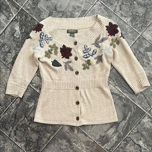 EDDIE BAUER Wool-Blend Beige Appliqué Button-up Peplum-Style Cardigan Cottage
